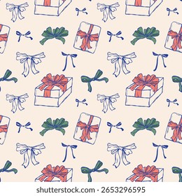 Vector hand drawn festive seamless pattern of gift boxes and bows in retro style
