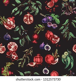 Vector hand drawn fig and eucalyptus and pomegranate pattern. Card with fruit and leaves.