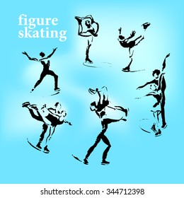 Vector hand drawn figure skating sketch set. Ink drawing. Sportsman silhouette illustration. Good for sport logo, magazines, journal articles, print design, poster and placards, any advertising.