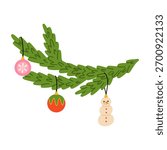 Vector hand drawn fir tree branch with tree ornaments. Christmas design element