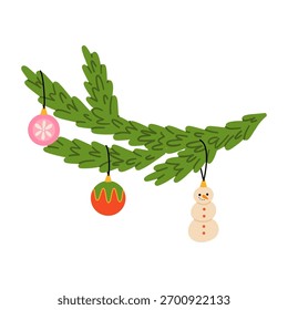 Rama de abeto dibujada a mano de Vector con adornos de árboles. Elemento de diseño de Navidades