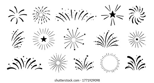 Vector hand drawn fireworks set. Festive fireworks for holiday, New Year, party, Christmas, birthday, carnival, Independence day. Celebration firework isolated on white background
