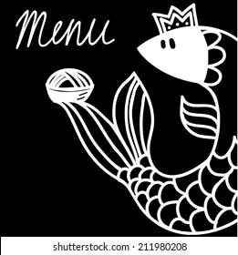 Vector hand drawn fish with cake for menu.