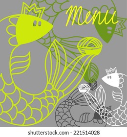 Vector hand drawn fish with cake for menu. 