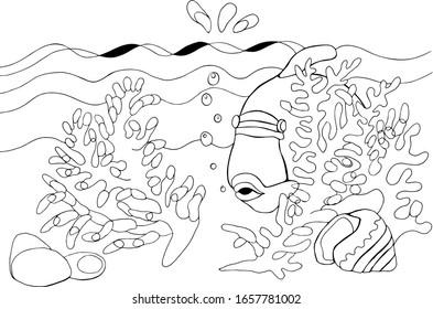 Vector hand drawn fish and coral isolated on white background. Coloring
