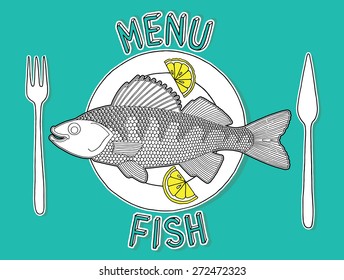 Vector hand drawn fish and lemon on the plate. Perfect image for menu design. Easy recolor.
