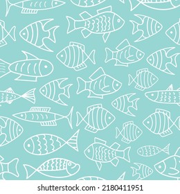 Vector hand drawn fish pattern on blue background.