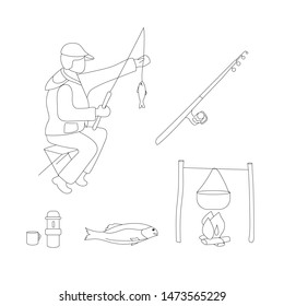 Vector hand drawn fishing set Illustration. Sketch vintage style. 