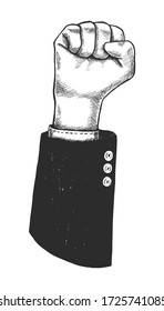 Vector hand drawn hand fist, gesture of man in black jacket. Isolated on white background. Icon illustration.