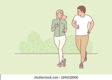 Vector hand drawn fitness people sketch. Man, woman sport portrait. Healthy lifestyle. Sport advertising. Man and woman athletes running track. Green background.