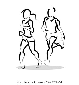 Vector hand drawn fitness people sketch. Athlete figure isolated on white background. Human icon. Man, woman sport portrait. Healthy lifestyle. Ink drawing. Running, jogging. Sport advertising.