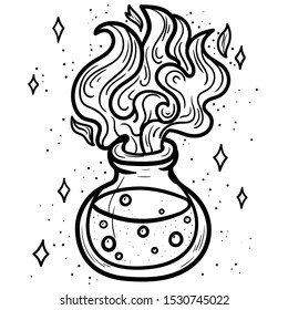 Vector hand drawn flask with magic potion outline doodle icon. Flask with magic potion sketch illustration for print, web, mobile isolated on white background.