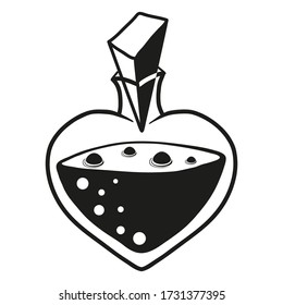 Vector hand drawn flask in the shape of a heart with love potion. Outline doodle icon.