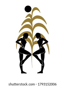 Vector hand drawn flat abstract illustration of dancers with palm leaf . Creative artwork. Template for card, poster, banner, print for t-shirt, pin, badge, patch.