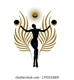 Vector hand drawn flat abstract illustration of dancer with palm leaves, moon and sun . Creative artwork. Template for card, poster, banner, print for t-shirt, pin, badge, patch.