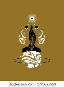 Vector hand drawn flat abstract illustration of dancer on the planet . Creative artwork. Template for card, poster, banner, print for t-shirt, pin, badge, patch.