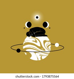 Vector hand drawn flat abstract illustration of sleeping woman  on the planet . Creative artwork. Template for card, poster, banner, print for t-shirt, pin, badge, patch.