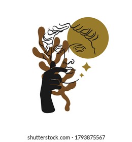 Vector hand drawn flat abstract background with antique head of Apollo . Creative surreal artwork. Template for card, poster, banner, print for t-shirt, pin, badge, patch.