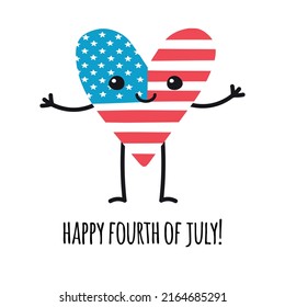 Vector hand drawn flat American USA flag heart with happy Fourth of July lettering isolated on white background