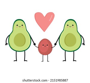 Vector hand drawn flat avocado family isolated on white background