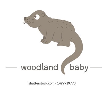Vector hand drawn flat baby otter. Funny woodland animal icon. Cute forest animalistic illustration for children’s design, print, stationery