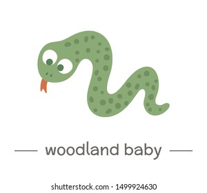 Vector hand drawn flat baby snake. Funny woodland animal icon. Cute forest animalistic illustration for children’s design, print, stationery