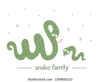Vector hand drawn flat baby snake with parent. Funny woodland animal scene showing family love. Cute forest animalistic illustration for children’s design, print, stationery