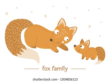 Vector hand drawn flat baby fox with parent. Funny woodland animal scene showing family love. Cute forest animalistic illustration for children’s design, print, stationery