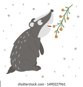 Vector hand drawn flat badger eating berries. Funny woodland animal. Cute forest animalistic illustration for children’s design, print, stationery