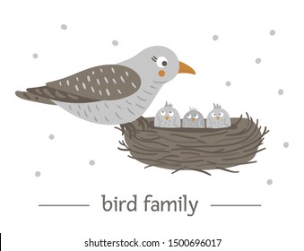 Vector hand drawn flat bird sitting on the nest with eggs. Funny woodland animal scene showing family love. Cute forest animalistic illustration for children’s design, print, stationery