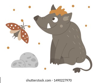 Vector hand drawn flat boar with an insect. Funny woodland animal. Cute forest pig illustration for children’s design, print, stationery