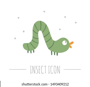 Vector hand drawn flat crawling green caterpillar. Funny woodland insect icon. Cute forest animalistic illustration for children’s design, print, stationery