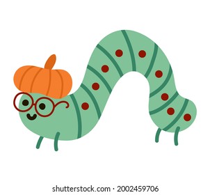 Vector hand drawn flat crawling green caterpillar in pumpkin hat and glasses. Funny woodland insect icon. Cute book worm illustration. Autumn or Thanksgiving Day bug