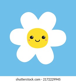 Vector hand drawn flat daisy flower with face isolated on blue background