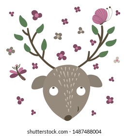 Vector hand drawn flat deer muzzle with big antlers, flowers, butterfly. Funny scene with woodland animal. Cute forest animalistic illustration for children’s design, print, stationery