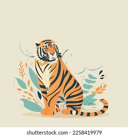 Vector hand drawn flat design tiger flat illustration