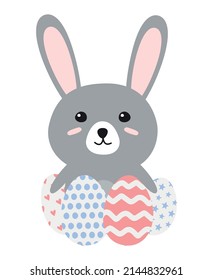 Vector hand drawn flat Easter bunny with eggs isolated on white background
