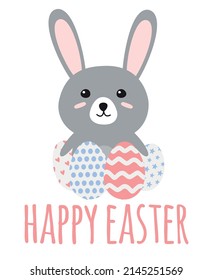 Vector hand drawn flat Easter rabbit with eggs and happy Easter text isolated on white background