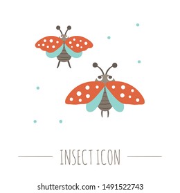 Vector hand drawn flat flying ladybugs. Funny woodland insect icon. Cute forest animalistic illustration for children’s design, print, stationery