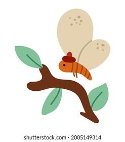 Vector hand drawn flat flying red insect in warm hat. Funny woodland fly icon with tree twig. Cute autumn forest illustration for children design, print, stationery