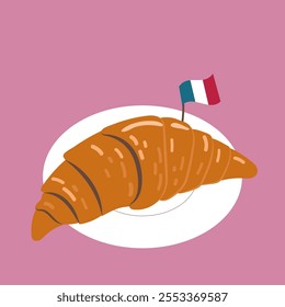 Ilustração de comida plana desenhada à mão do vetor com bandeira francesa e croissant em um prato, cozinha tradicional.
