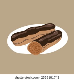 Vector hand drawn flat food illustration with eclair cake, french dessert on a plate, traditional cuisine.
