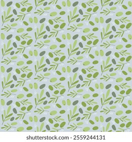 Vector hand drawn flat food seamless pattern with olives and leaves, branches or twig.
