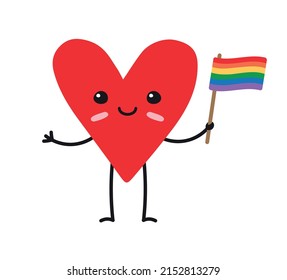 Vector hand drawn flat heart with face and lgbtq rainbow flag isolated on white background