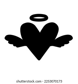 Vector hand drawn flat heart with angel wings silhouette isolated on white background