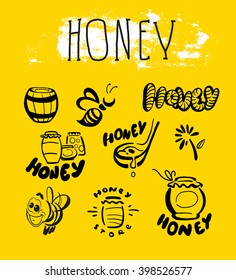 Vector hand drawn flat honey logo element set isolated on yellow background. Barrel, smiling bee, insect, honey can, flower spoon icon. Ink drawing. Hand written font lettering. Brand mark collection.