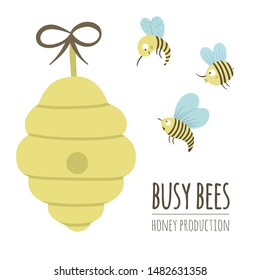Vector hand drawn flat illustration of a beehive with bees. Honey production logo, sign, banner, poster. Card template for beekeeping business