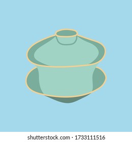 Ilustración plana de gaiwan con mano vectora para la ceremonia del té. colores verde y amarillo, ilustración aislada en fondo blanco. 