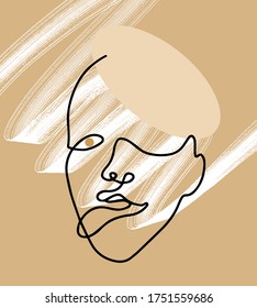 Vector hand drawn flat  illustration of woman with textured elements.  Continuous line artwork with abstract shapes.  Template for card, poster, banner, print for t-shirt, pin, badge, patch.