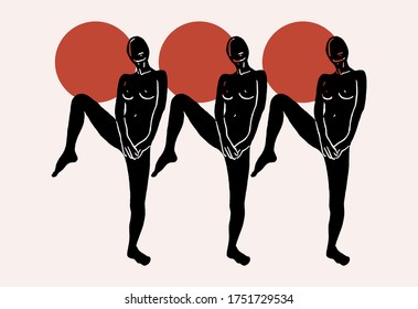 Vector hand drawn flat  illustration of dancing woman with circles isolated. Continuous line artwork with abstract shapes.  Template for card, poster, banner, print for t-shirt, pin, badge, patch.